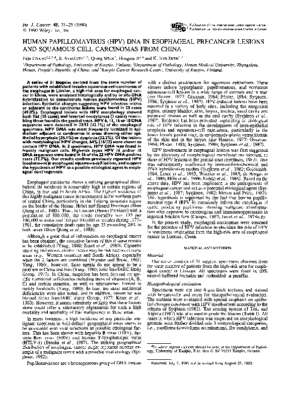 (PDF) Human papillomavirus (HPV) DNA in esophageal precancer lesions ...