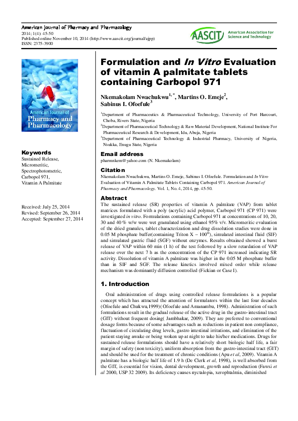 (PDF) Formulation and In Vitro Evaluation of vitamin A palmitate ...