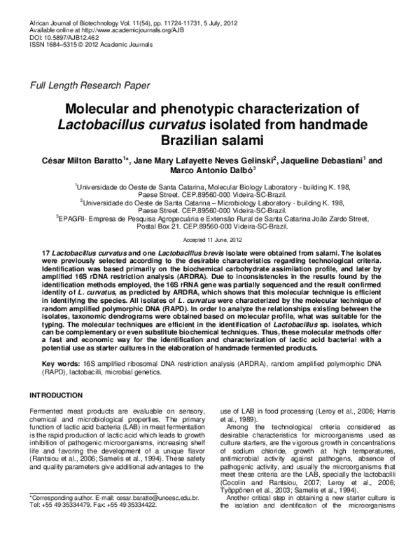 (PDF) Molecular and phenotypic characterization of Lactobacillus ...