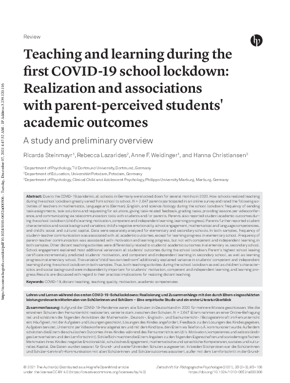 (PDF) Teaching and learning during the first COVID-19 school lockdown ...