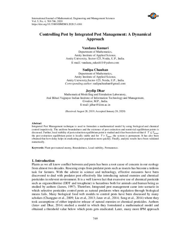(PDF) Controlling Pest by Integrated Pest Management: A Dynamical Approach