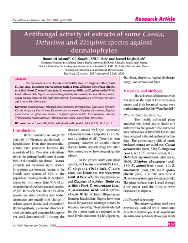 (PDF) Antifungal activity of extracts of some Cassia , Detarium and ...