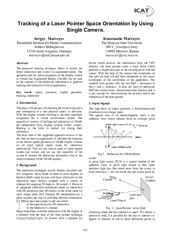 (PDF) Tracking of a Laser Pointer Space Orientation by Using Single Camera