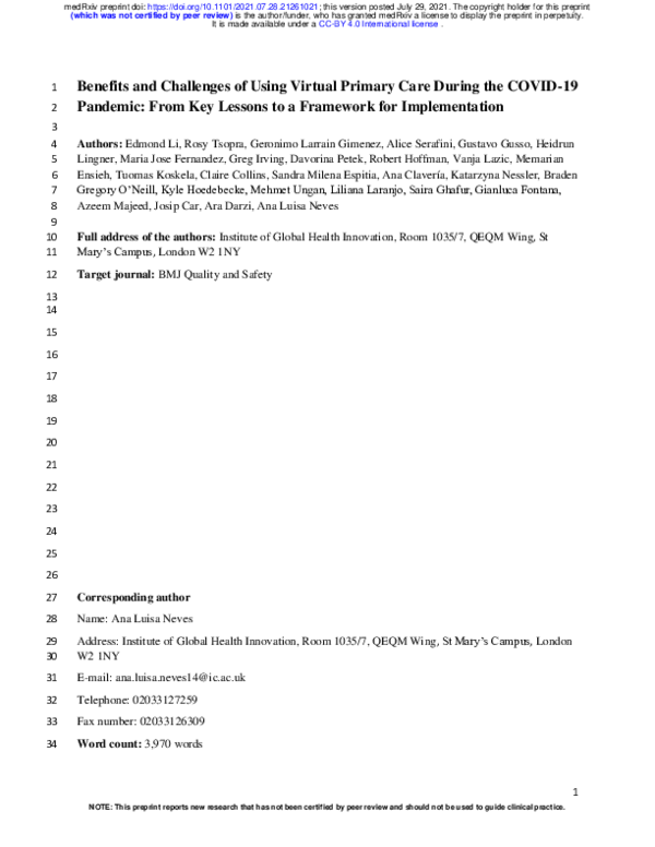 (PDF) Benefits and Challenges of Using Virtual Primary Care During the ...