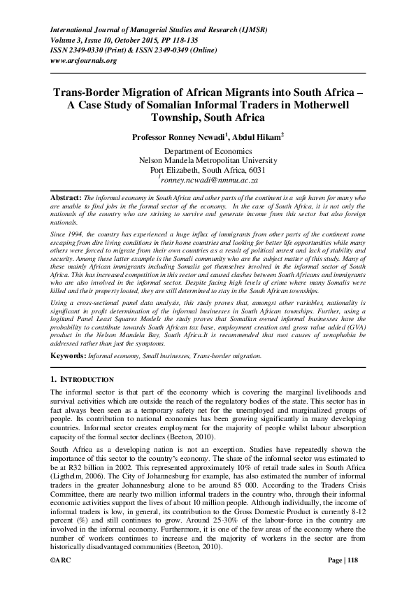 (PDF) Trans-Border Migration of African Migrants into South Africa – A ...