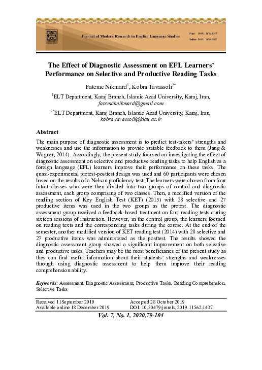 (PDF) The Effect of Diagnostic Assessment on EFL Learners’ Performance ...