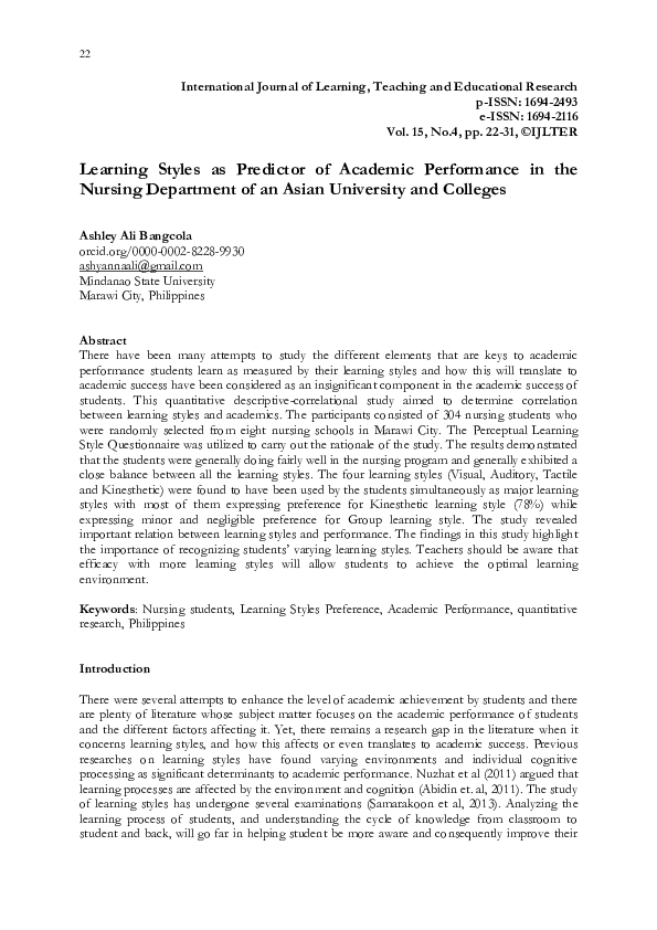 (PDF) Learning Styles as Predictor of Academic Performance in the ...
