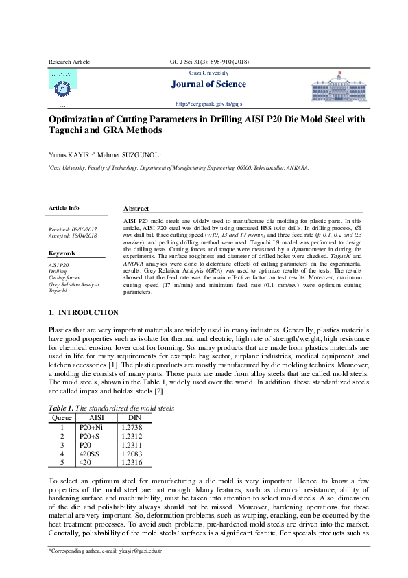 (PDF) Optimization of Cutting Parameters in Drilling AISI P20 Die Mold ...
