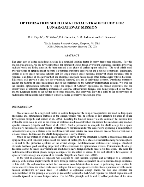 (PDF) Optimized shield materials trade study for lunar/gateway mission