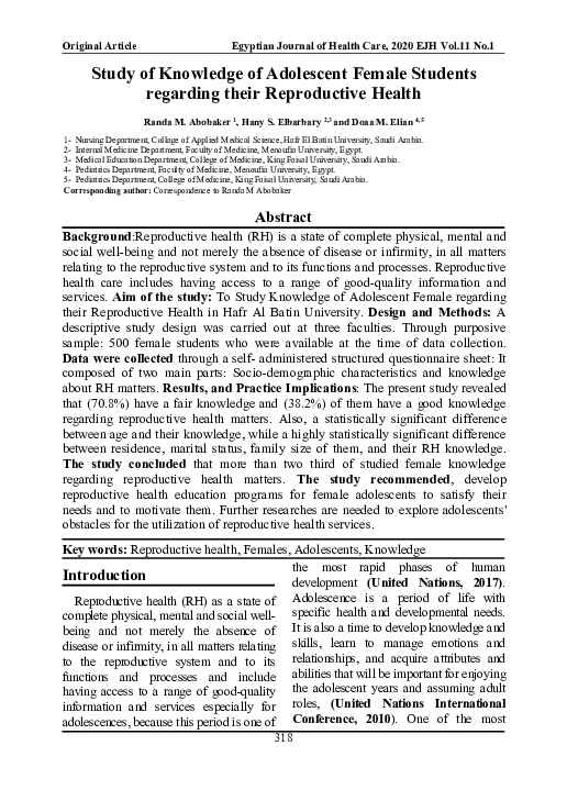 (PDF) Study of Knowledge of Adolescent Female Students regarding their ...