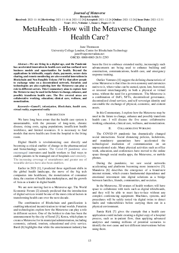 (PDF) MetaHealth -How will the Metaverse Change Health Care