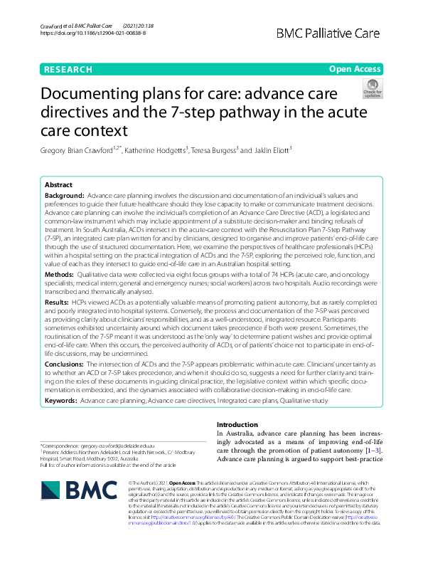 (PDF) Documenting plans for care: advance care directives and the 7 ...