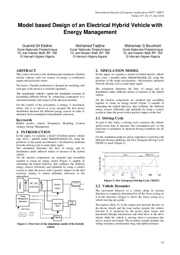 (PDF) Model based Design of an Electrical Hybrid Vehicle with Energy ...