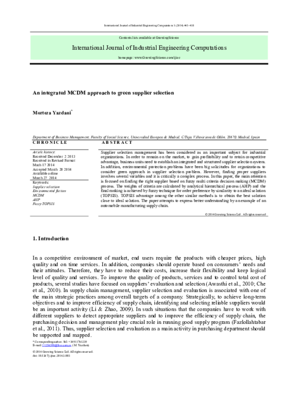 (PDF) An integrated MCDM approach to green supplier selection