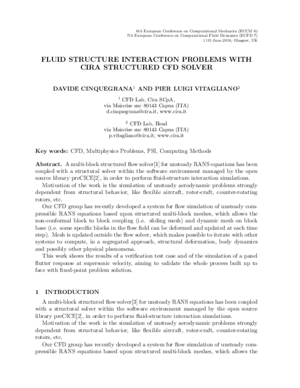 (PDF) Fluid Structure Interaction Problems with Cira Structured CFD Solver