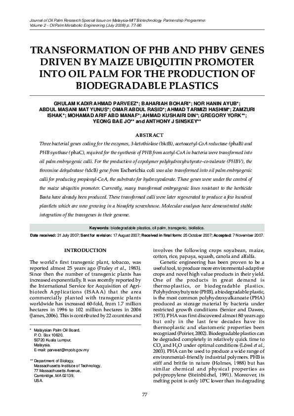 (PDF) Transformation of PHB and PHBV genes driven by maize ubiquitin ...