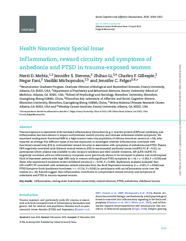 (PDF) Inflammation, reward circuitry and symptoms of anhedonia and PTSD ...