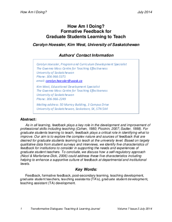 (PDF) How Am I Doing? Formative Feedback for Graduate Students Learning ...