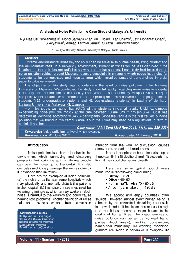 Analysis of noise pollution: A case study of Malaysia's university