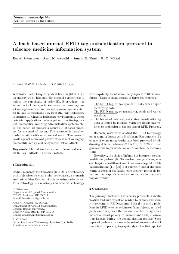 (PDF) A hash based mutual RFID tag authentication protocol in telecare ...