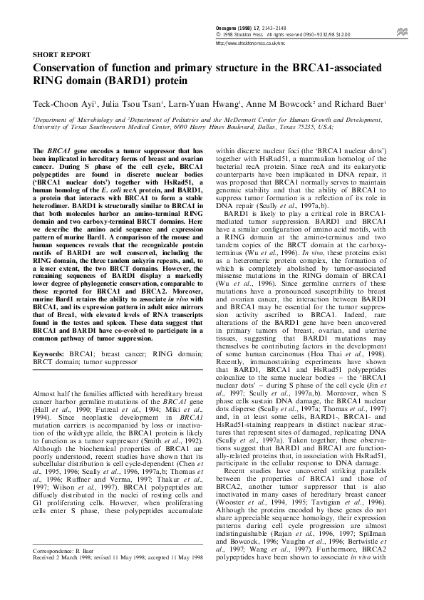 (PDF) Conservation of function and primary structure in the BRCA1 ...