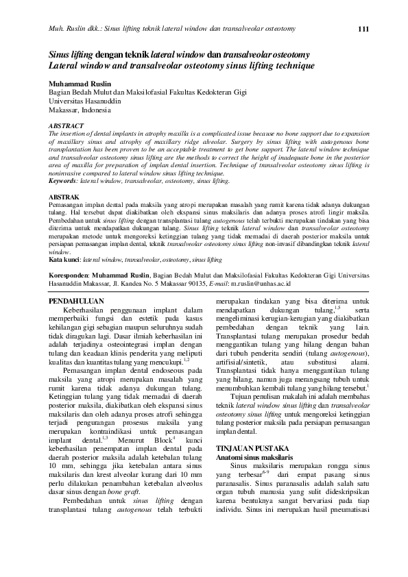 (PDF) Sinus lifting dengan teknik lateral window dan transalveolar