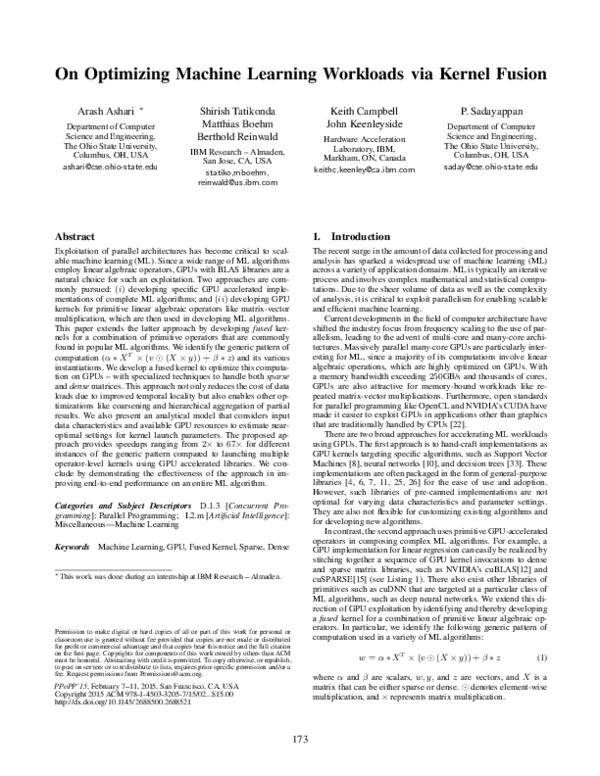 (PDF) On optimizing machine learning workloads via kernel fusion