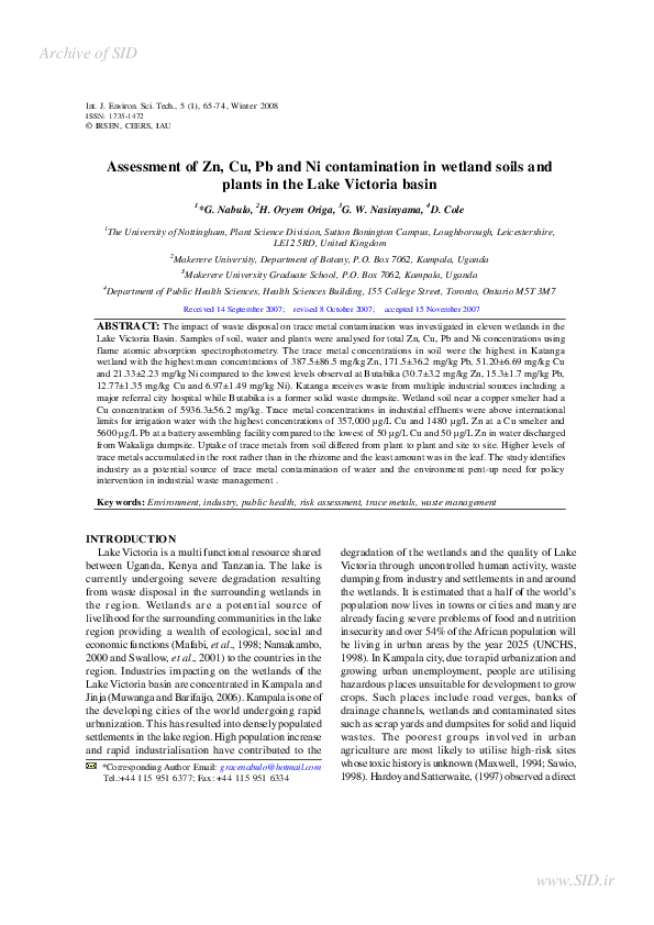 (PDF) Assessment of Zn, Cu, Pb and Ni contamination in wetland soils ...