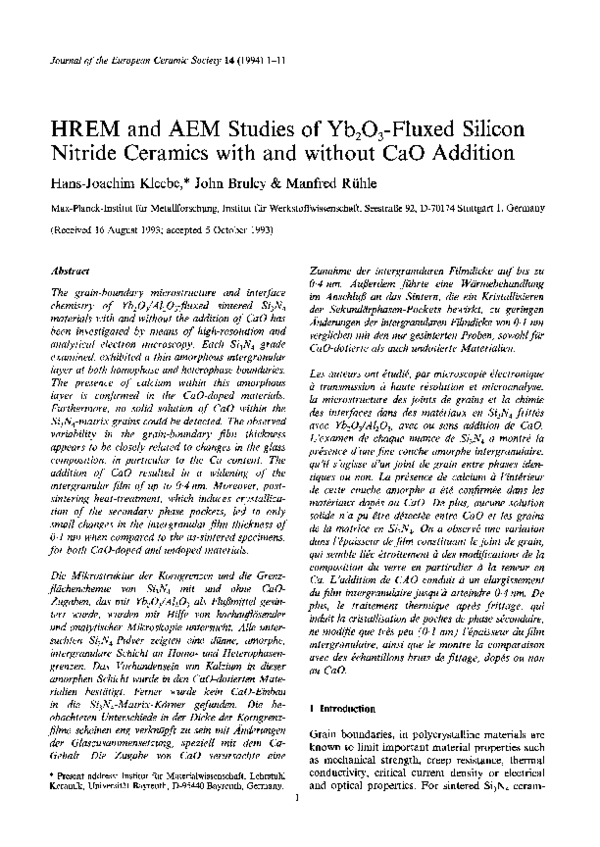 (PDF) HREM and AEM studies of Yb2O3-fluxed silicon nitride ceramics ...