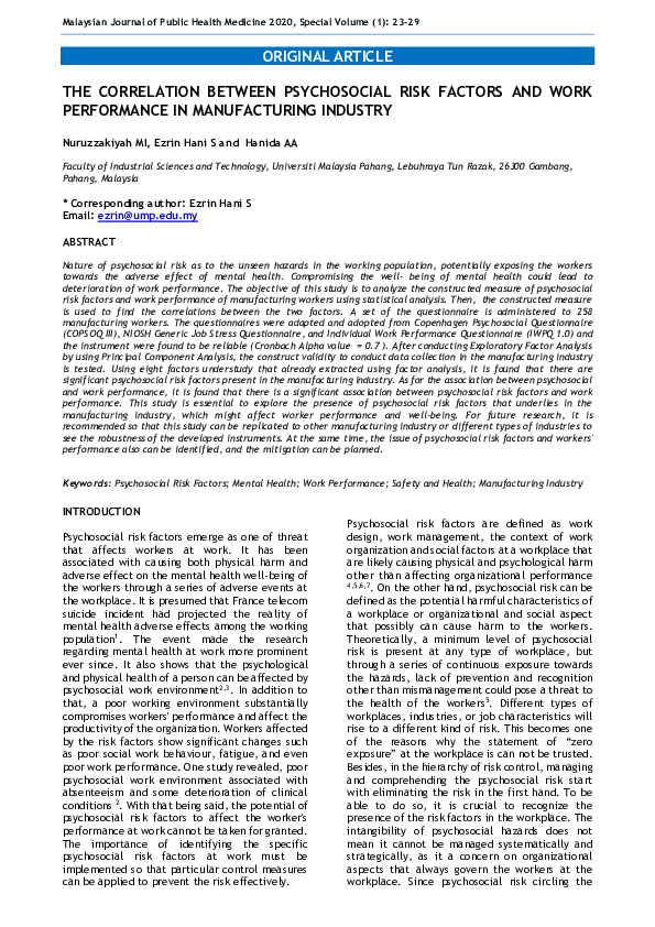 (PDF) The Correlation Between Psychosocial Risk Factors and Work ...