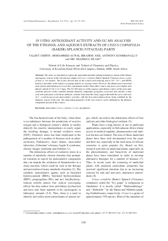 (PDF) In vitro antioxidant activity and GC-MS analysis of the ethanol ...