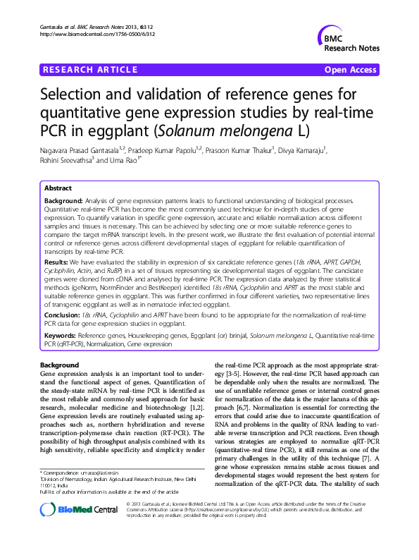 (PDF) Selection and validation of reference genes for quantitative gene ...