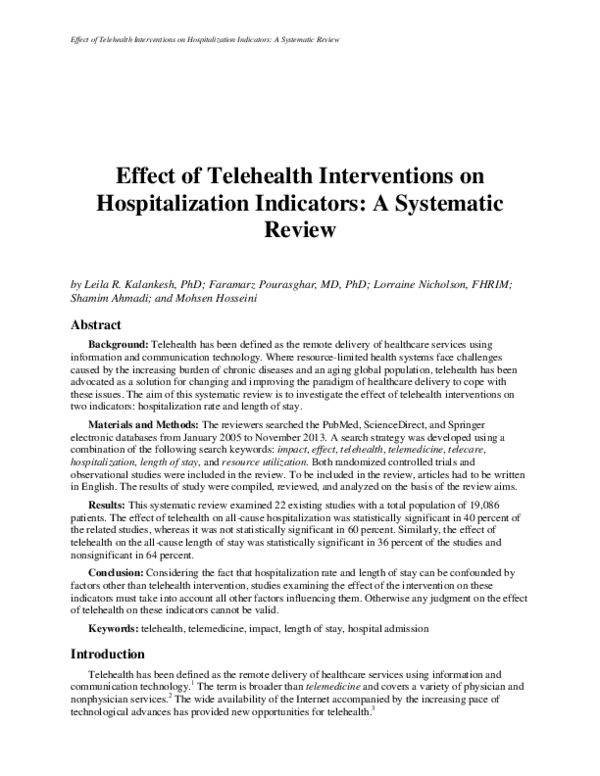 (PDF) Effect of Telehealth Interventions on Hospitalization Indicators ...