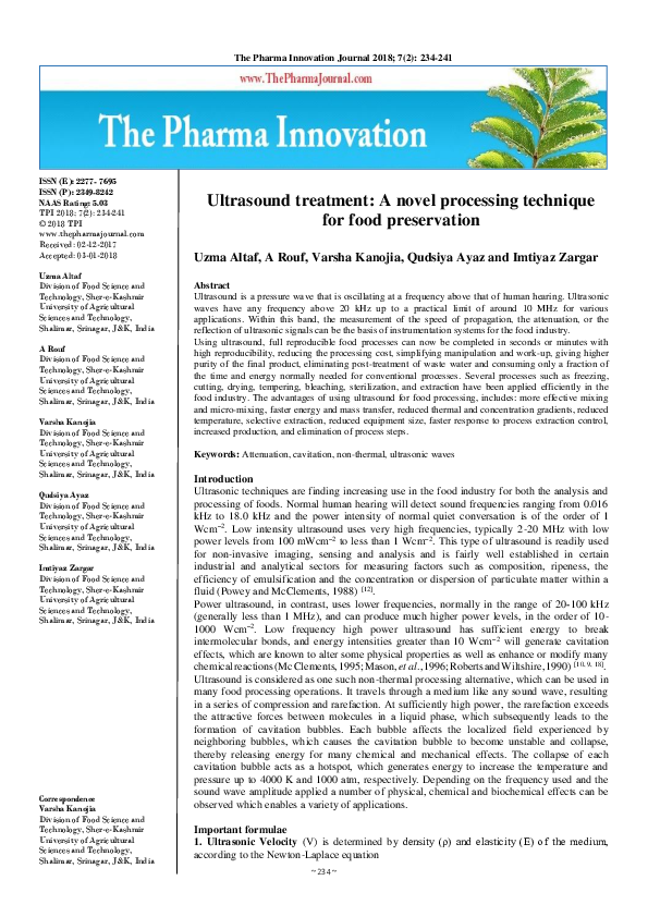 (PDF) Ultrasound treatment A novel processing technique for food