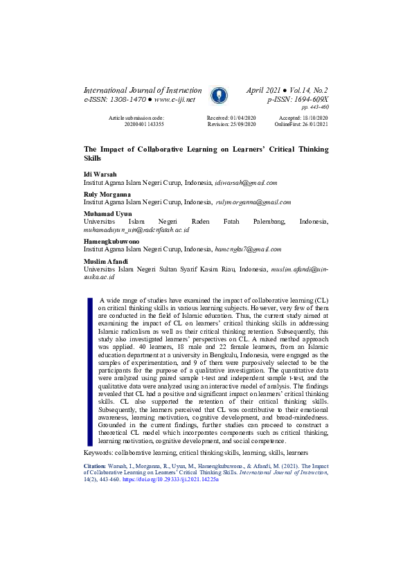 (PDF) The Impact of Collaborative Learning on Learners’ Critical ...