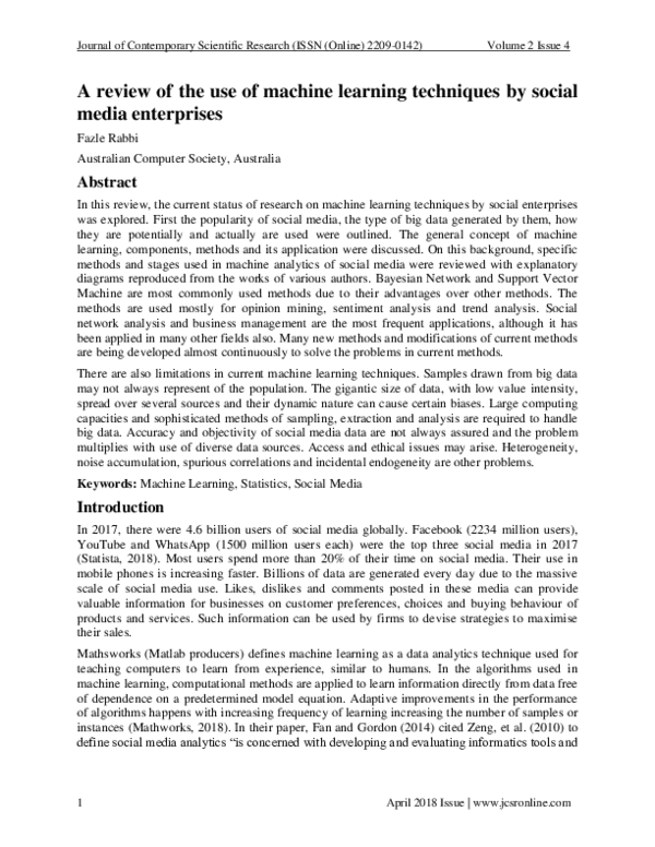 (PDF) A review of the use of machine learning techniques by social ...