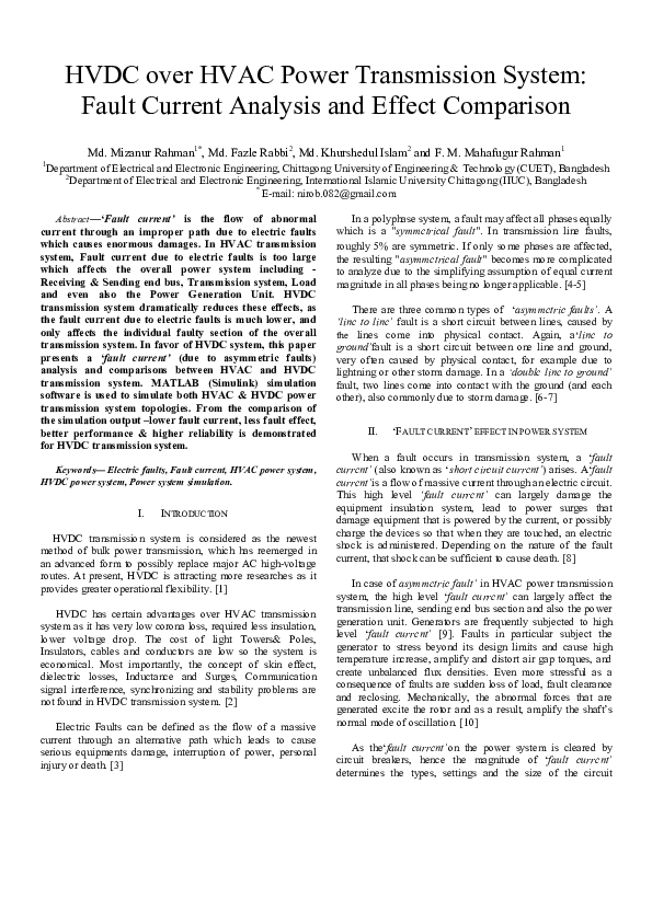 (PDF) HVDC over HVAC power transmission system: Fault current analysis ...
