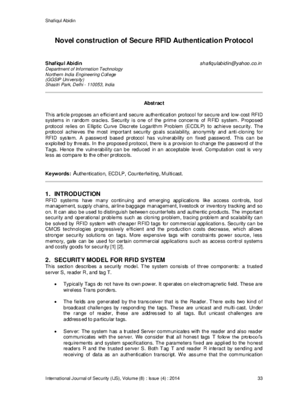 (PDF) Novel construction of Secure RFID Authentication Protocol