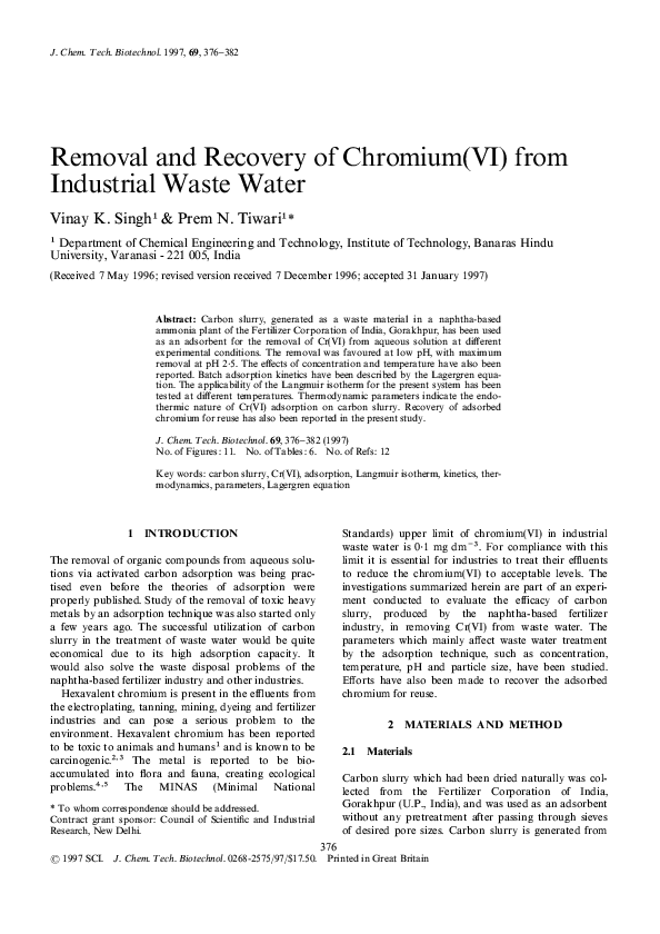 (PDF) Removal and Recovery of Chromium (VI) From Industrial Waste Water