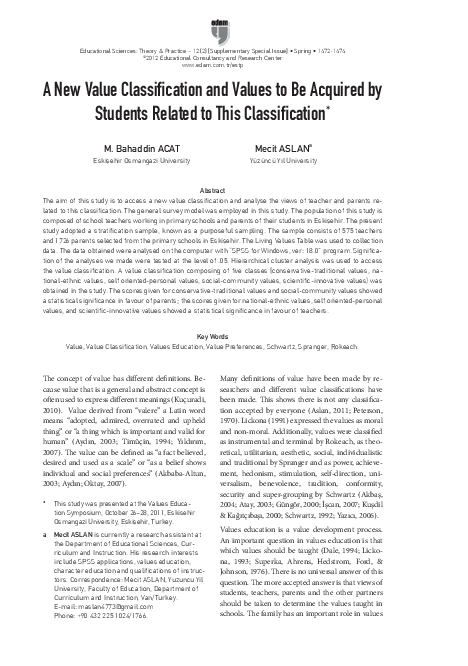 (PDF) A New Value Classification and Values to Be Acquired by Students ...