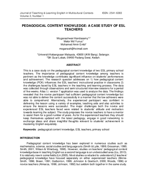(PDF) Pedagogical Content Knowledge: A Case Study of Esl Teachers