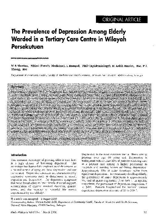(PDF) The prevalence of depression among elderly warded in a tertiary ...