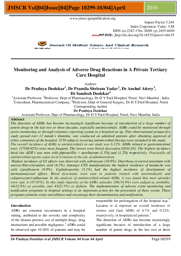(PDF) Monitoring and Analysis of Adverse Drug Reactions in A Private ...