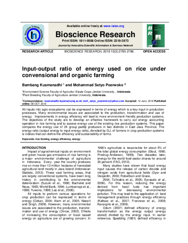 (PDF) Input-output ratio of energy used on rice under convensional and ...