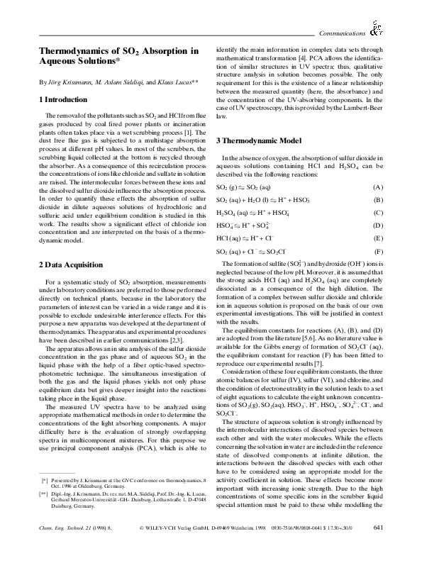 (PDF) Thermodynamics of SO2 Absorption in Aqueous Solutions