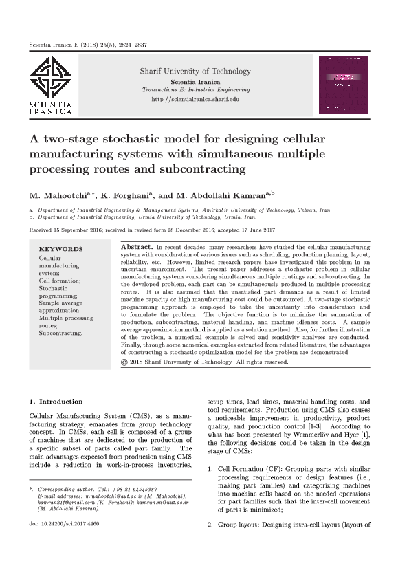 (PDF) A two-stage stochastic model for designing cellular manufacturing ...