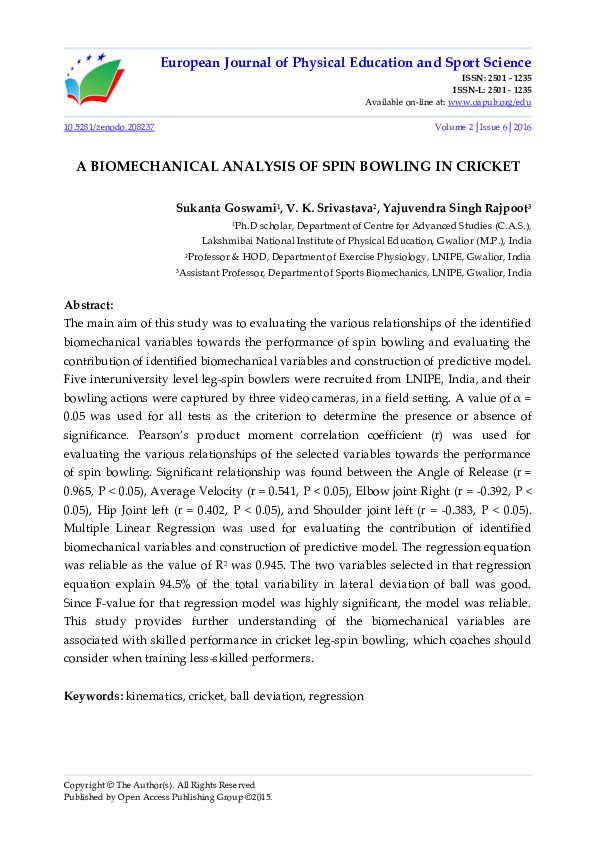 (PDF) A Biomechanical Analysis of Spin Bowling in Cricket Yajuvendra