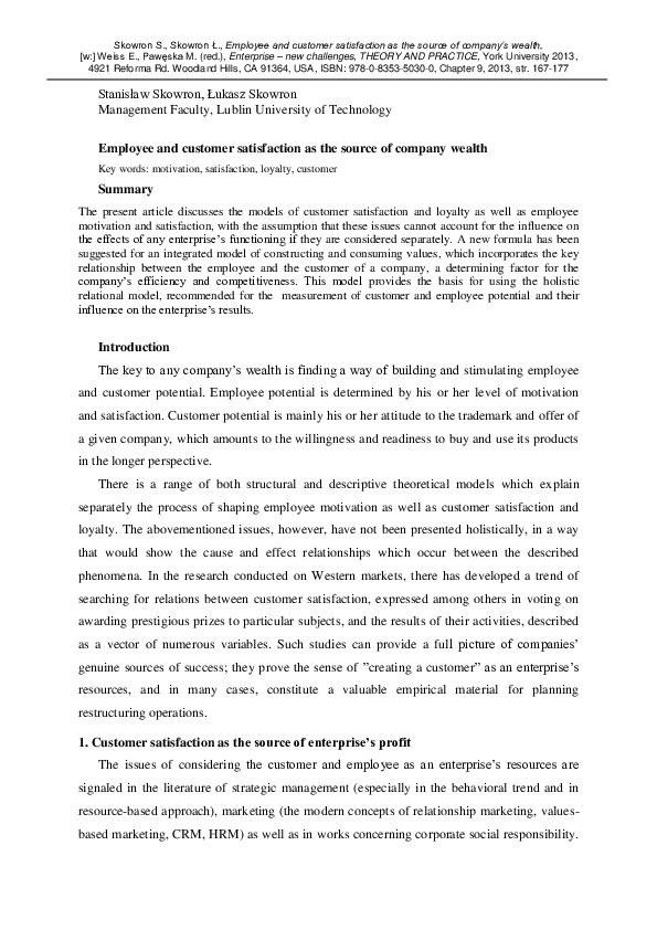 (PDF) Employee and customer satisfaction as the source of company wealth