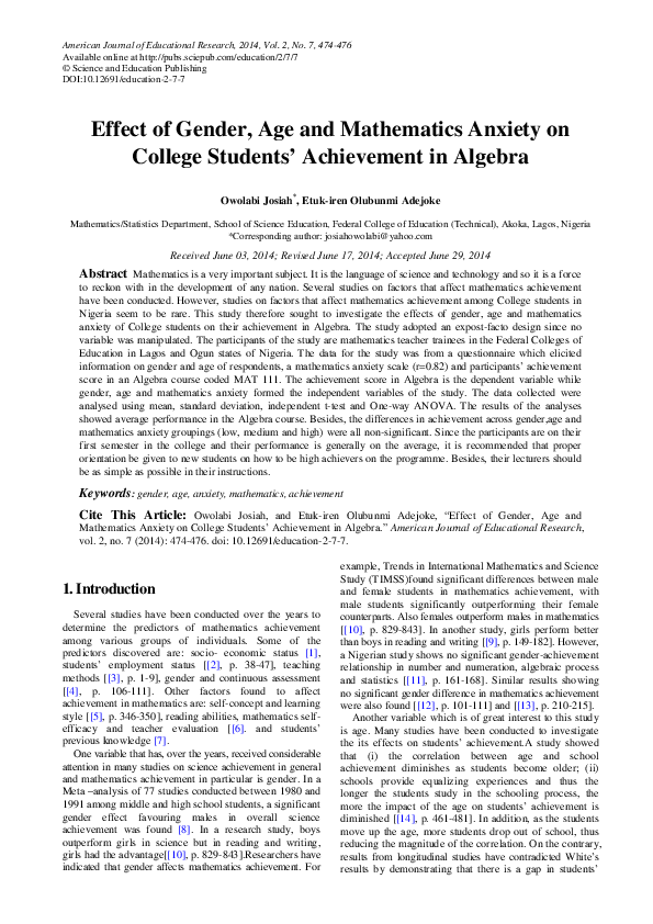 (PDF) Effect of Gender, Age and Mathematics Anxiety on College Students ...