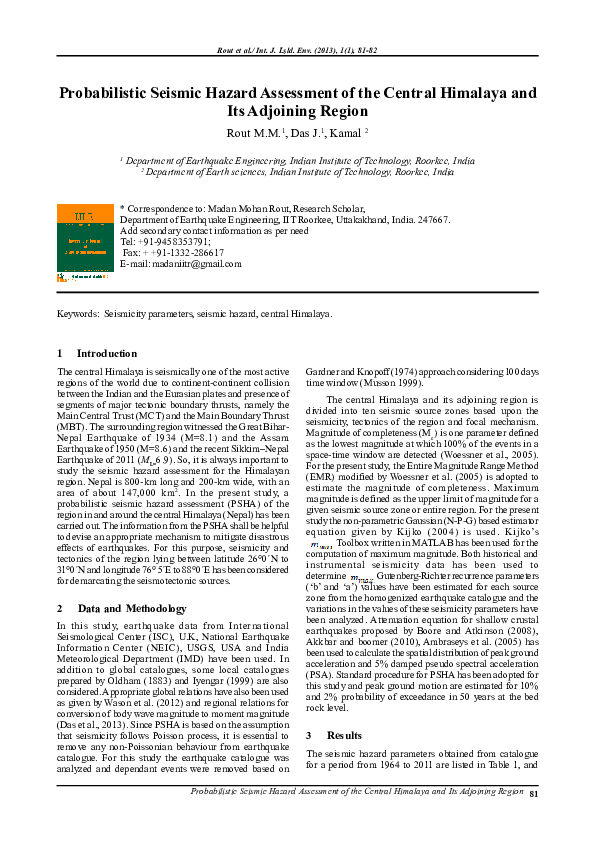 (PDF) Probabilistic Seismic Hazard Assessment of the Central Himalaya ...